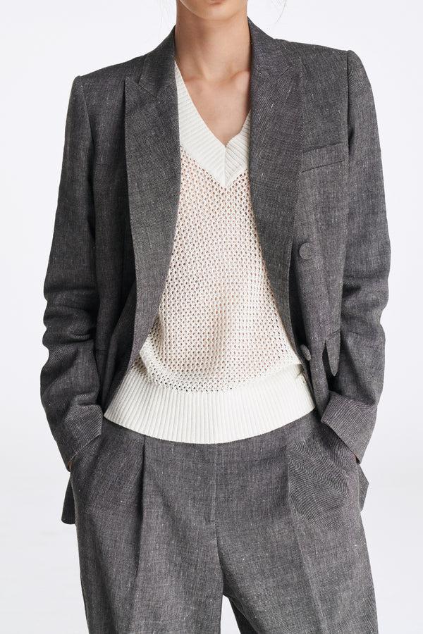 Laurèl Laurèl Linen-Wool Double-Breasted Blazer Gray