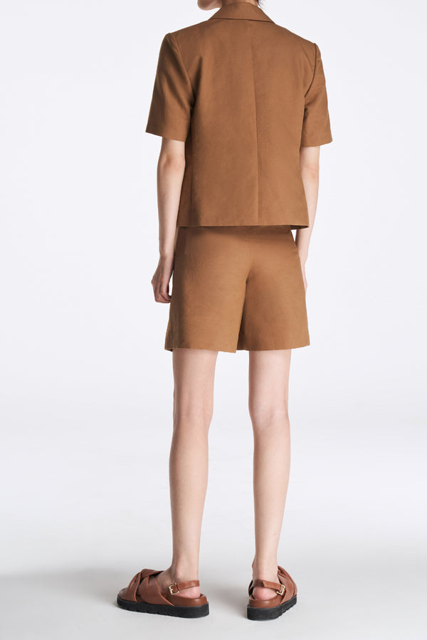 Laurèl Laurèl Silk Linen Wool Blend Suit With Short Sleeves Terracotta Brown