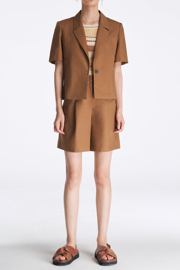 Laurèl Laurèl Silk Linen Wool Blend Suit With Short Sleeves Terracotta Brown