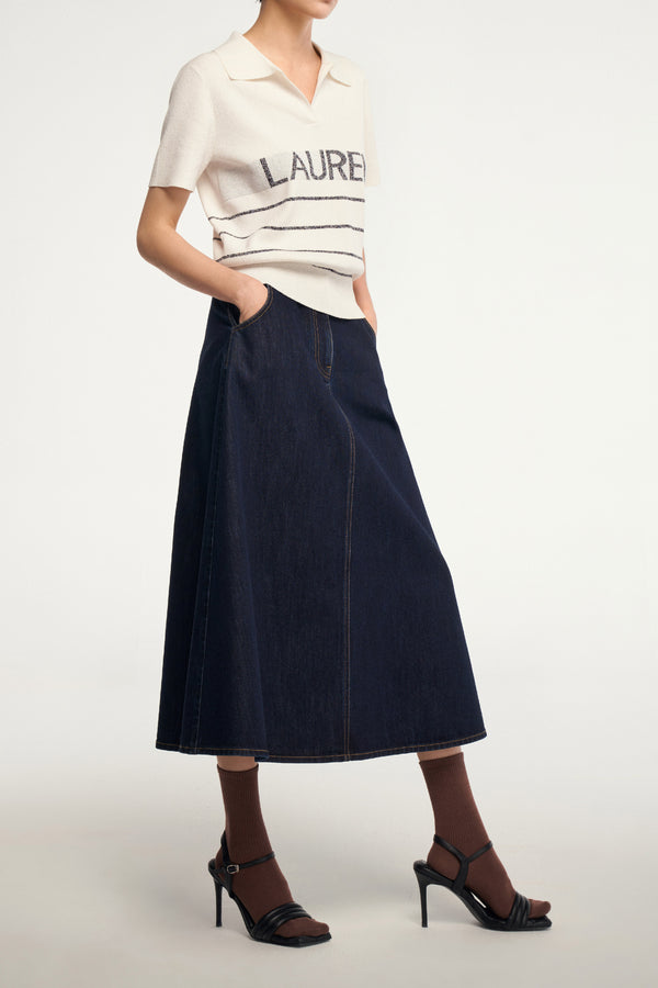 Laurèl Laurèl Striped Cotton-Linen Short Sleeve Polo White And Blue Stripe