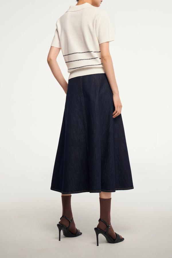 Laurèl Laurèl Striped Cotton-Linen Short Sleeve Polo White And Blue Stripe