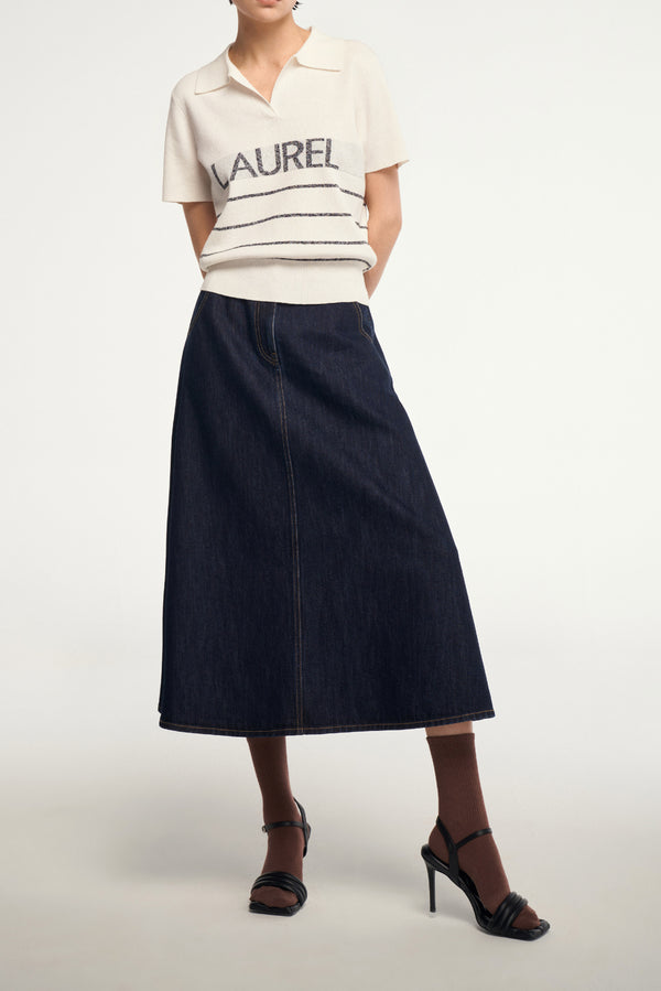 laurèl Laurèl Striped Cotton-Linen Short Sleeve Polo White and Blue Stripe