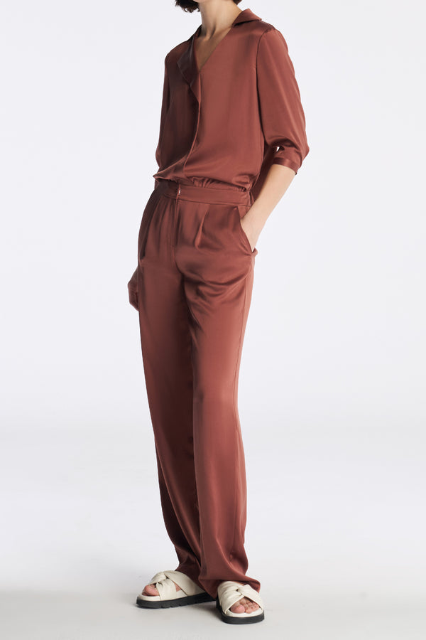 Laurèl Laurèl Sun-Protective Silk Straight Leg Pants Madder Brown