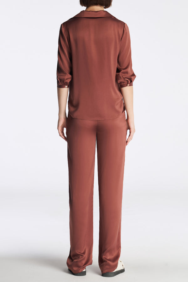 Laurèl Laurèl Sun-Protective Silk Straight Leg Pants Madder Brown