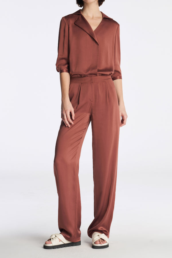 laurèl Laurèl Sun-Protective Silk Straight Leg Pants Madder Brown