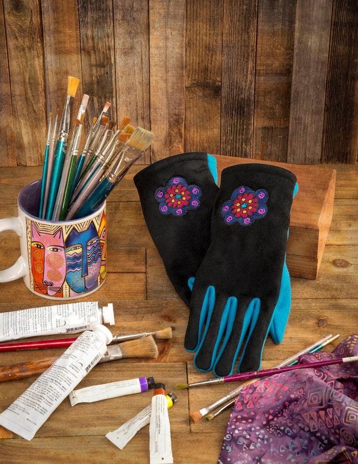 Laurel Burch Blossom Embroidered Touchscreen Gloves - Black/Teal