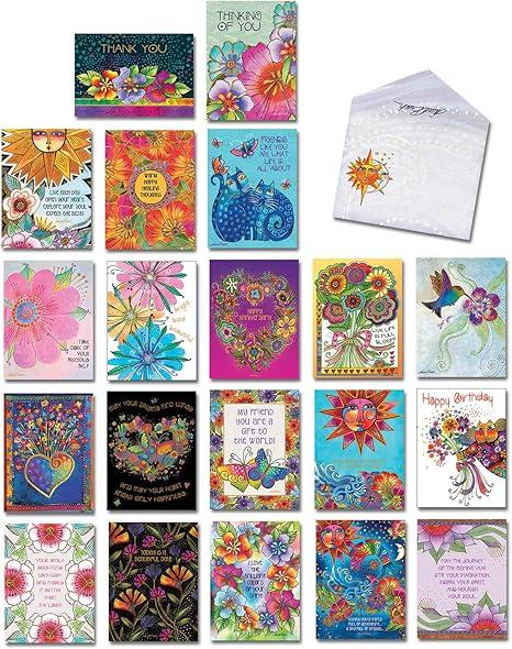 Laurel Burch Brilliant Colors Of Laurel Greeting Cards Set - 20 Cards & Envelopes