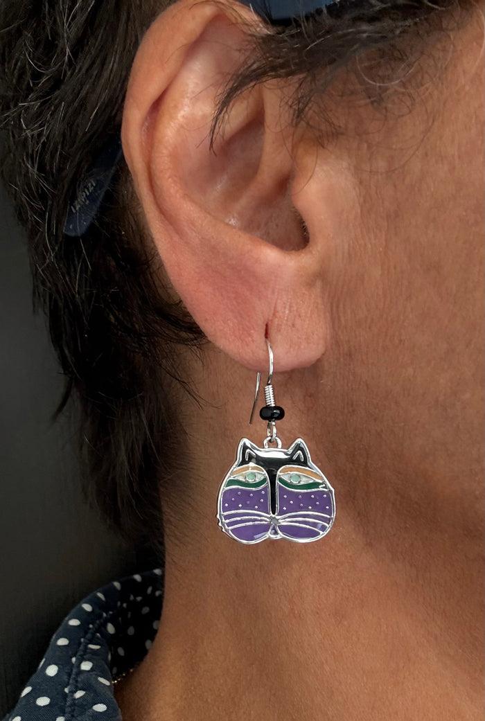Laurel Burch Cat Face Drop Earrings - Purple