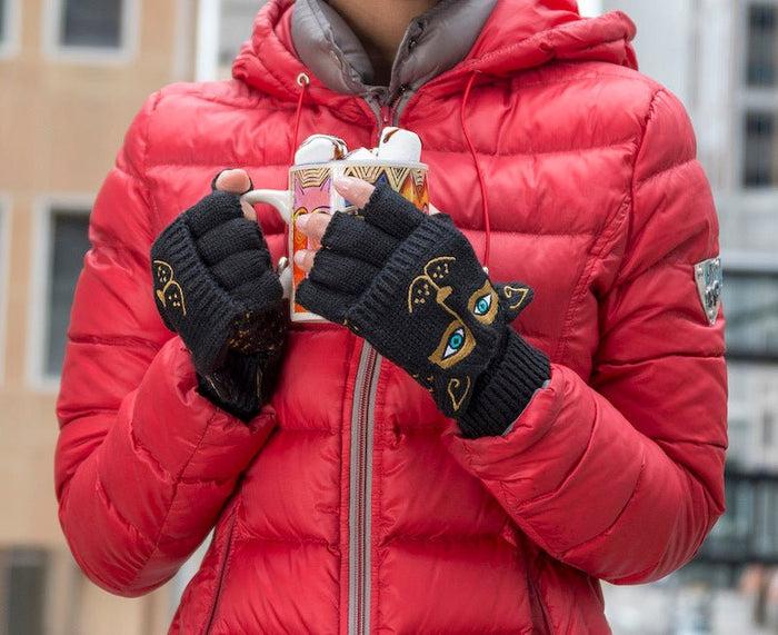 Laurel Burch Feline Flip Mittens - Black/Gold