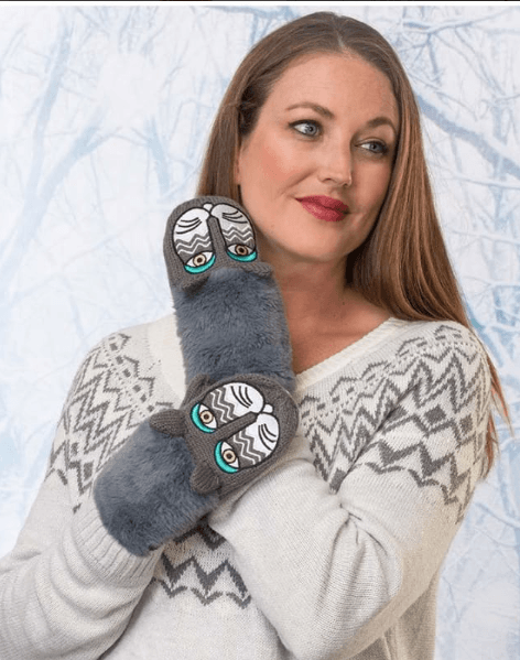Laurel Burch Fluffy Cat Critter Mittens - Grey