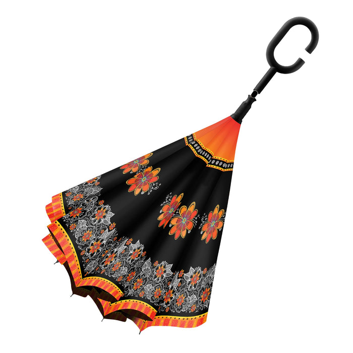 Laurel Burch Orange Blossoms Reverse-Close Stick Umbrella