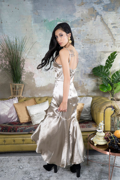 Lavand Asal Silky Gold Ruffle Maxi Dress