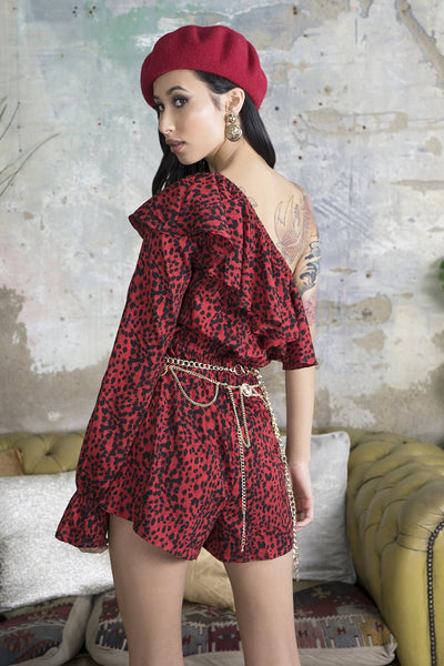 Lavand Carmen Red One Shoulder Ruffle Playsuit