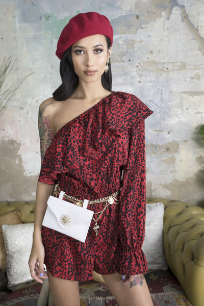 lavand Carmen Red One Shoulder Ruffle Playsuit