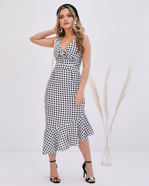 Lavand Elise Checked Midi Ruffle Dress