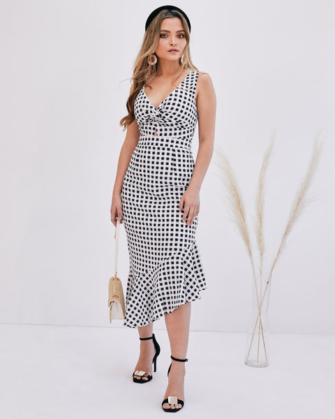 lavand Elise Checked Midi Ruffle Dress