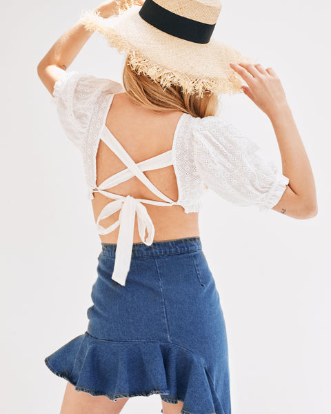 Lavand Esme Puff Sleeve Broderie Crop Top