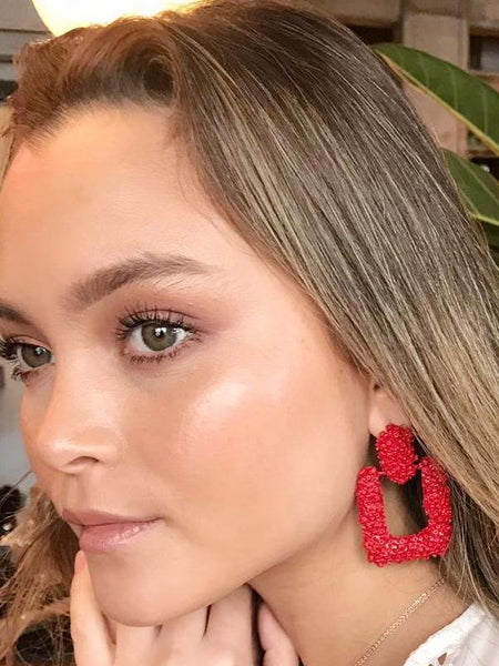 Lavand Eva Square Red Textured Drop Earrings