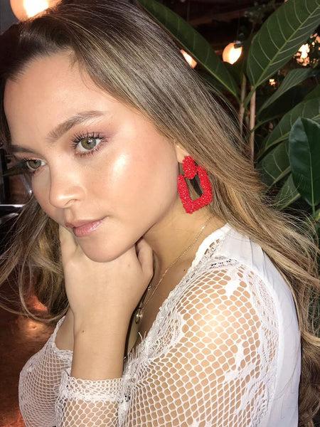 Lavand Eva Square Red Textured Drop Earrings