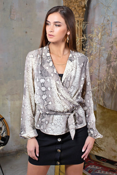 lavand Snake Print Wrap Blouse