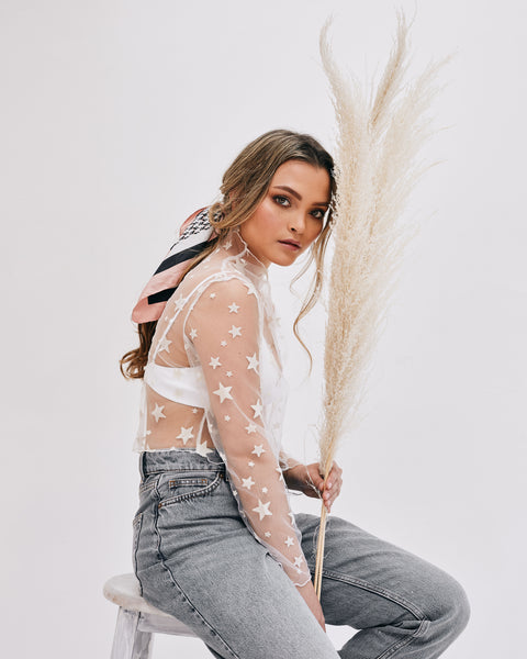 Lavand Star Print Mesh Crop Top