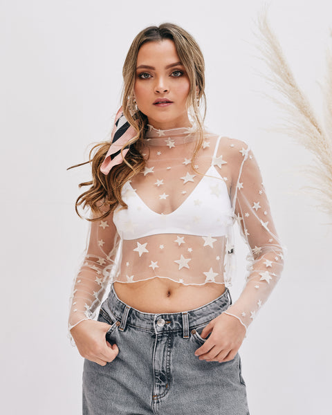lavand Star Print Mesh Crop Top