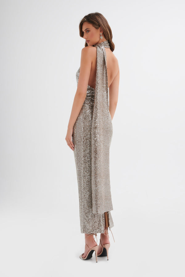 Lavish Alice ALANNI Stretch Sequin Longline Scarf Maxi Dress In Silver
