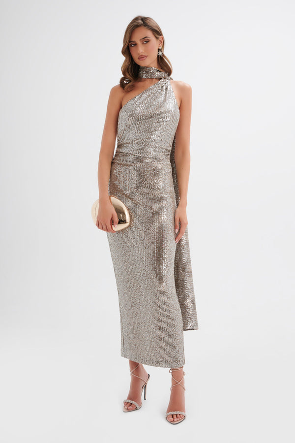 Lavish Alice ALANNI Stretch Sequin Longline Scarf Maxi Dress In Silver