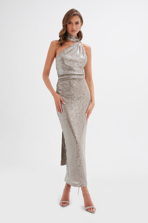 lavish alice ALANNI Stretch Sequin Longline Scarf Maxi Dress in Silver lavish alice ALANNI Stretch Sequin Longline Scarf Maxi Dress in Silver