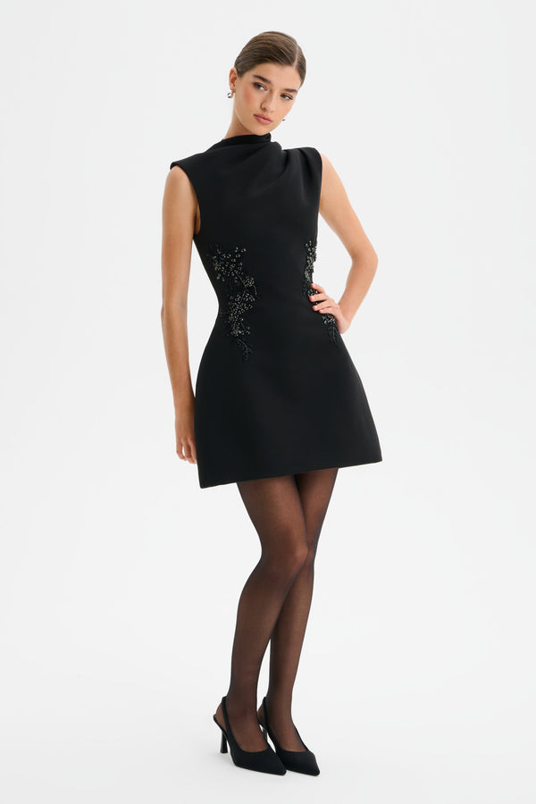 Lavish Alice AMBAR Asymmetric High Neck Embellished Tulip Mini Dress In Black