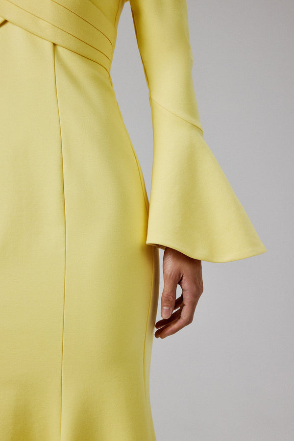Lavish Alice AMELIA Ponte Off Shoulder Fluted Sleeve Midi Dress In Yellow