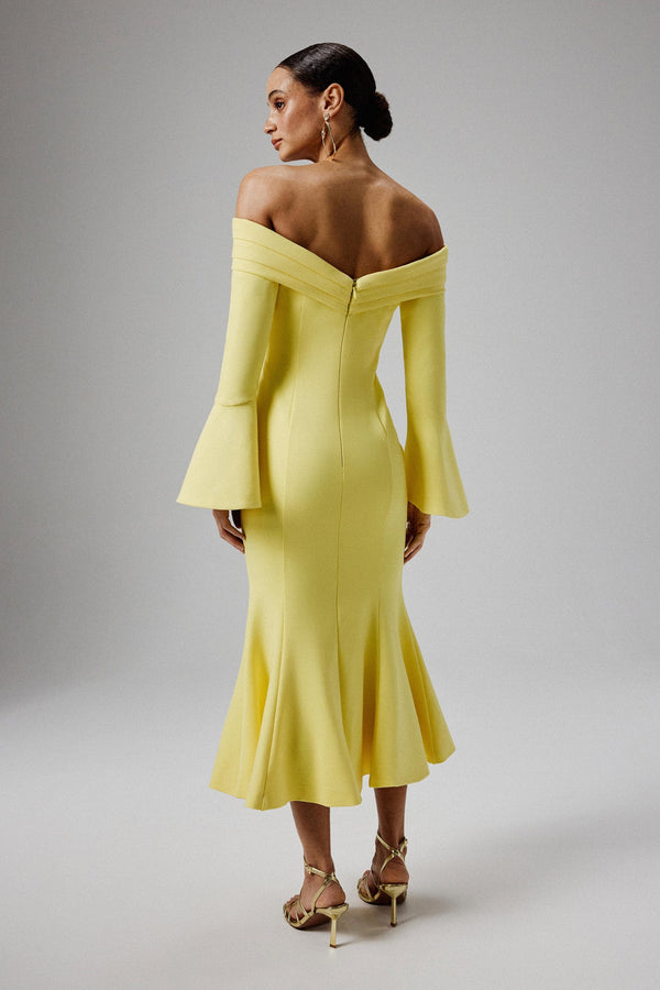 Lavish Alice AMELIA Ponte Off Shoulder Fluted Sleeve Midi Dress In Yellow