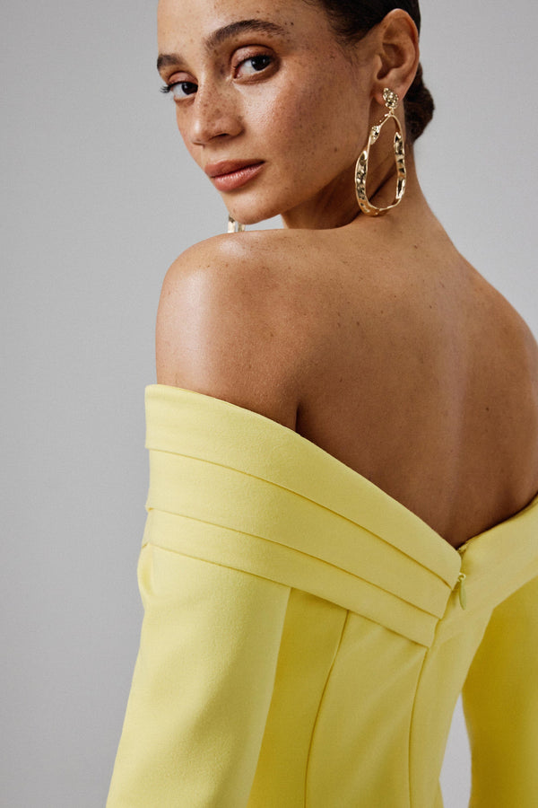 Lavish Alice AMELIA Ponte Off Shoulder Fluted Sleeve Midi Dress In Yellow