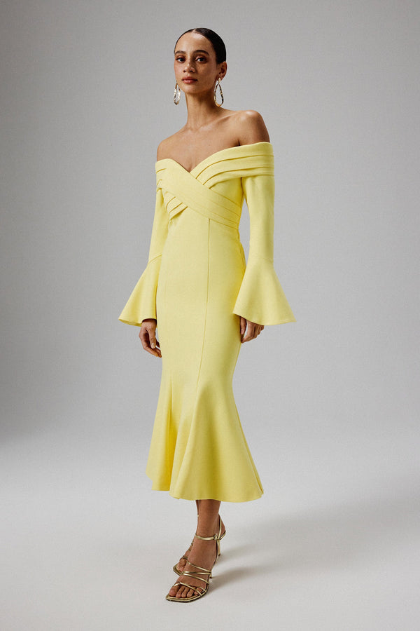 lavish alice AMELIA Ponte Off Shoulder Fluted Sleeve Midi Dress in Yellow lavish alice AMELIA Ponte Off Shoulder Fluted Sleeve Midi Dress in Yellow