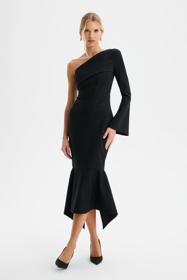 lavish alice ARIANNA One Shoulder Corset Detail Fishtail Midi Dress in Black