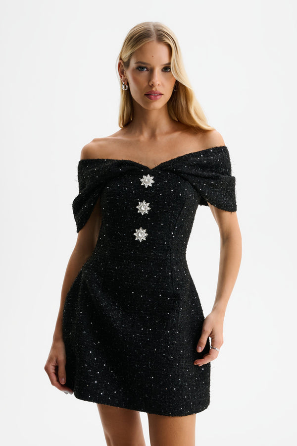 Lavish Alice ARIELLA Sequin Boucle Off Shoulder Mini Tulip Dress In Black