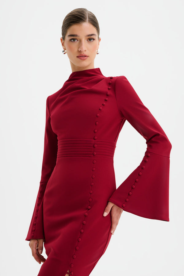 Lavish Alice AUBREY High Neck Fluted Sleeve Micro Button Midi Dress In Burgundy