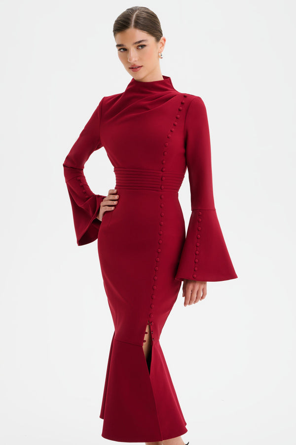 Lavish Alice AUBREY High Neck Fluted Sleeve Micro Button Midi Dress In Burgundy