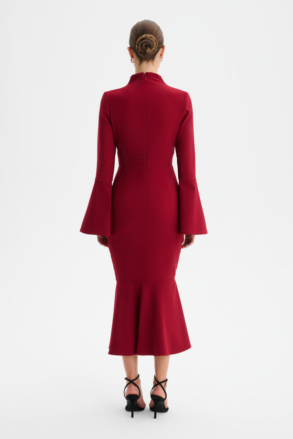 Lavish Alice AUBREY High Neck Fluted Sleeve Micro Button Midi Dress In Burgundy