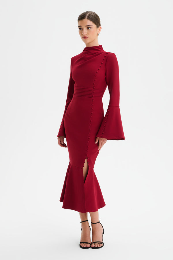 lavish alice AUBREY High Neck Fluted Sleeve Micro Button Midi Dress in Burgundy