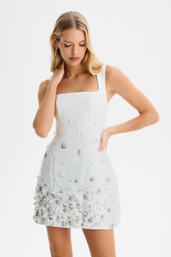 Lavish Alice AURELIA Ombre Embellished Square Neck Tulip Mini Dress In White