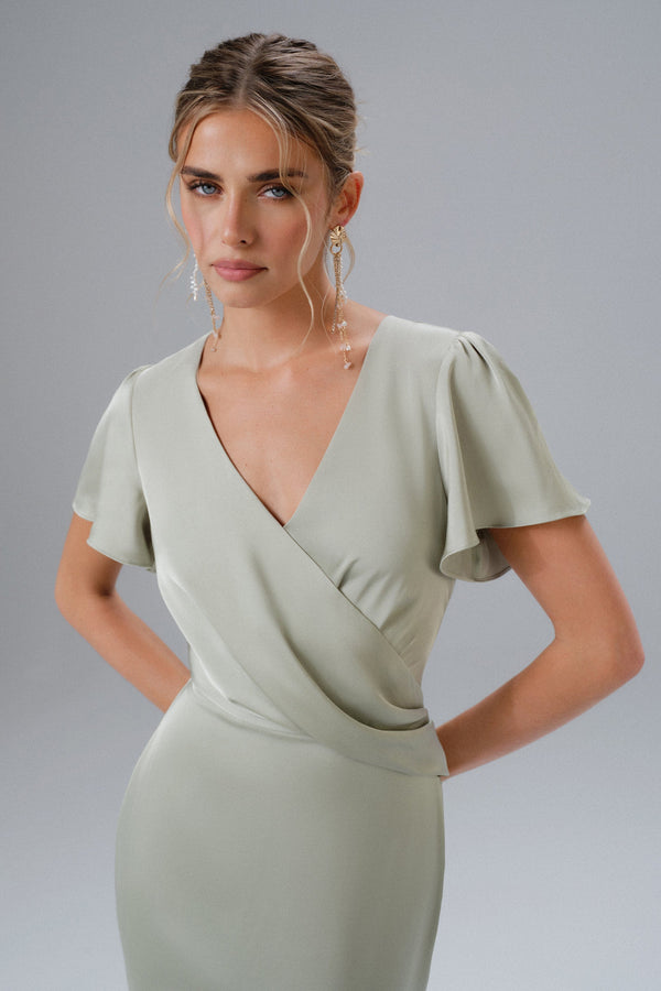 Lavish Alice BEAU Draped Wrap Satin Maxi Dress With Sleeves In Sage Green
