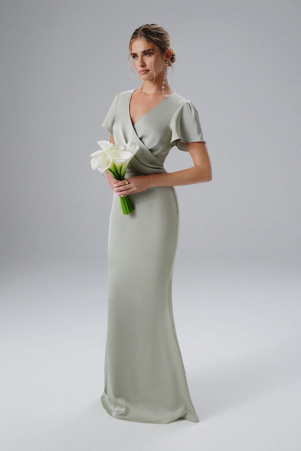 Lavish Alice BEAU Draped Wrap Satin Maxi Dress With Sleeves In Sage Green