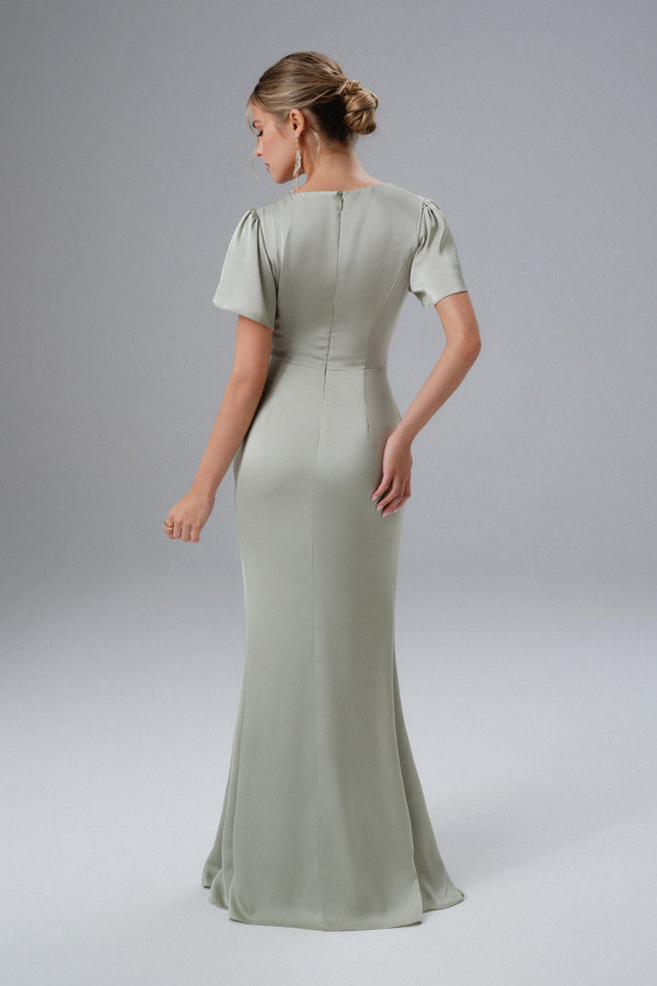 Lavish Alice BEAU Draped Wrap Satin Maxi Dress With Sleeves In Sage Green