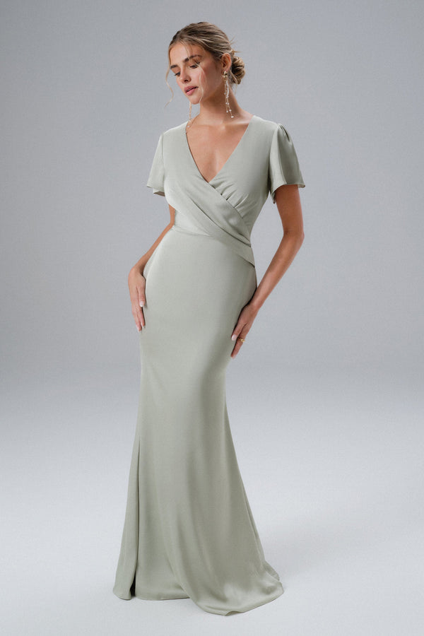 lavish alice BEAU Draped Wrap Satin Maxi Dress with Sleeves in Sage Green