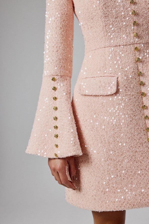 Lavish Alice BELLA Sequin Boucle Micro Rose Button Mini Dress In Pink