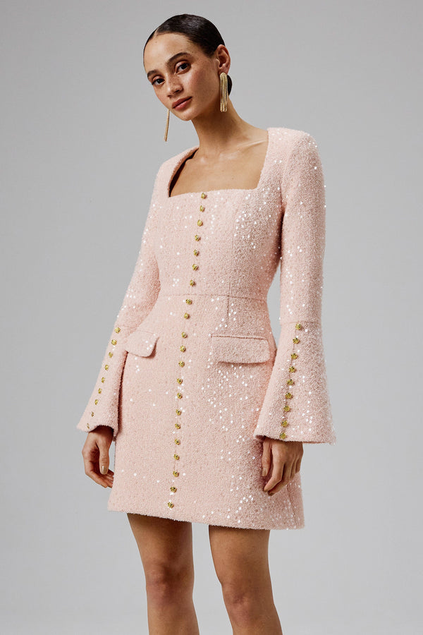 lavish alice BELLA Sequin Boucle Micro Rose Button Mini Dress in Pink lavish alice BELLA Sequin Boucle Micro Rose Button Mini Dress in Pink