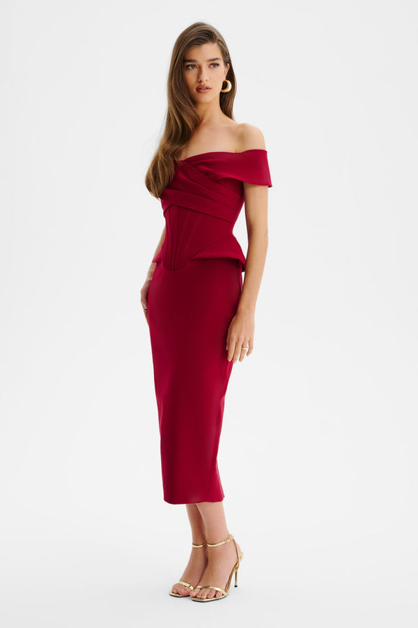 Lavish Alice BETHANY Off Shoulder Midi Dress With Corsetry Detail In Burgundy