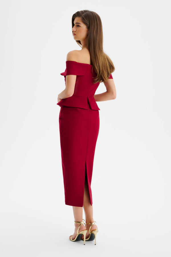 Lavish Alice BETHANY Off Shoulder Midi Dress With Corsetry Detail In Burgundy