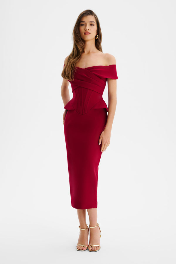 lavish alice BETHANY Off Shoulder Midi Dress with Corsetry Detail in Burgundy